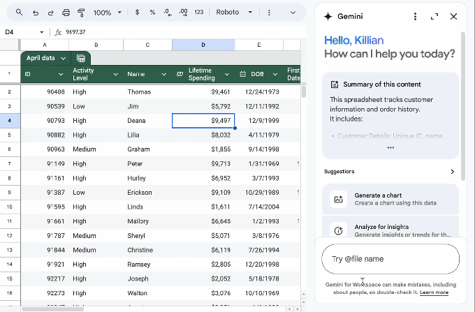 Gemini 在 Sheets 中整理数据示意